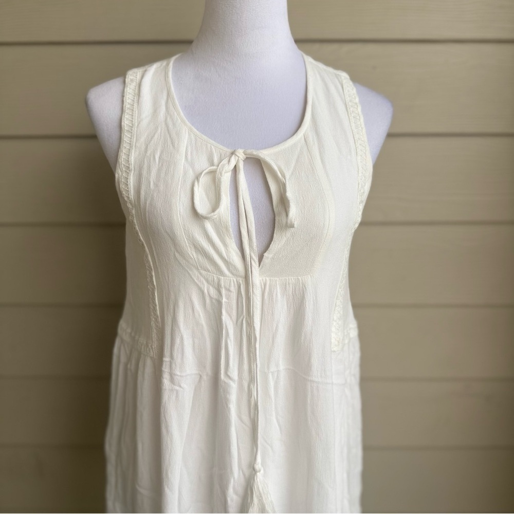 Symphony S White Sleeveless Mini Dress Tassel Tie Front Boho Summer Lined - Picture 2 of 9